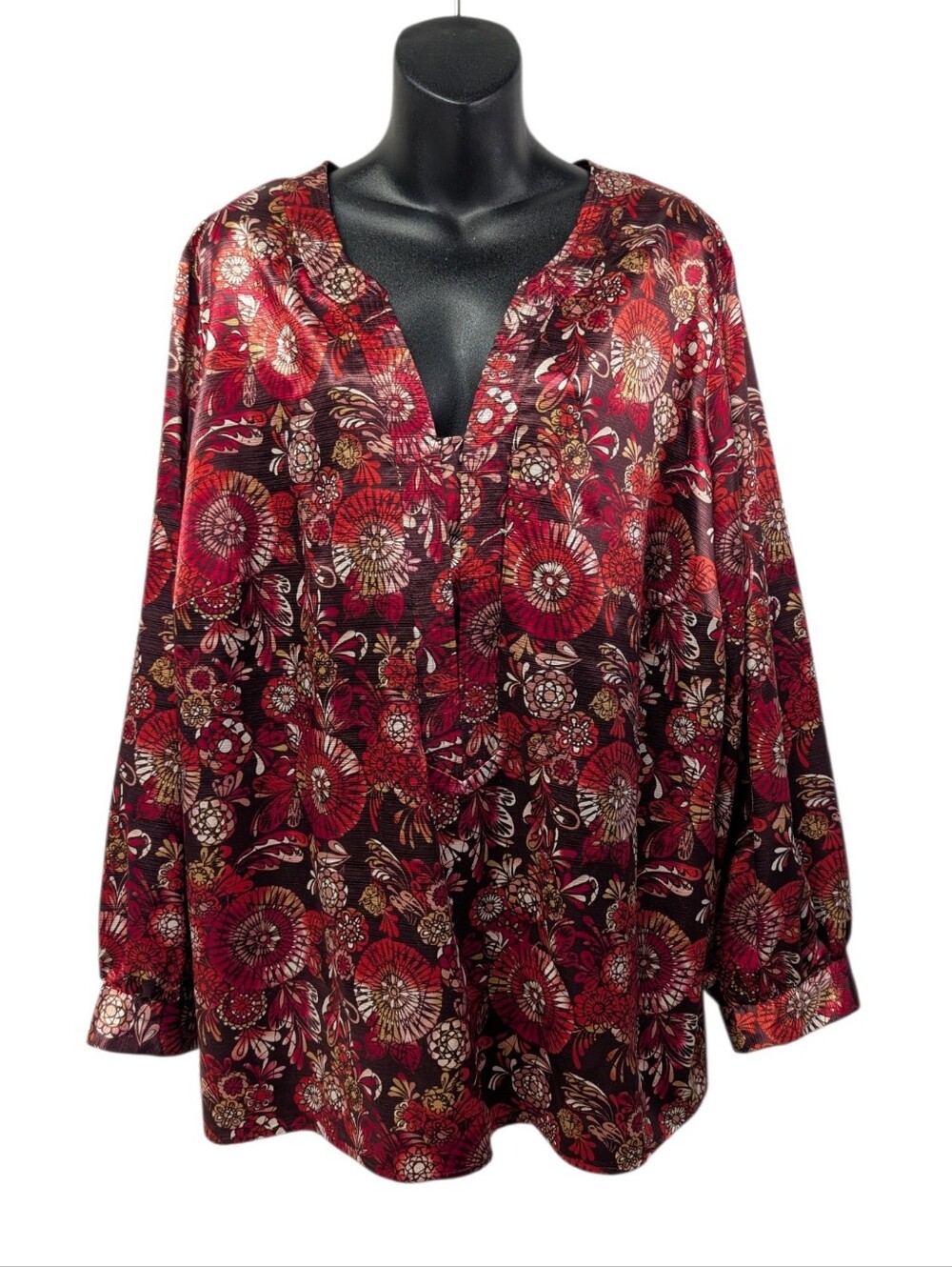 Covington Woman Womens Plus 22W Red Floral V-Neck Long Sleeve Jersey Zip Blouse